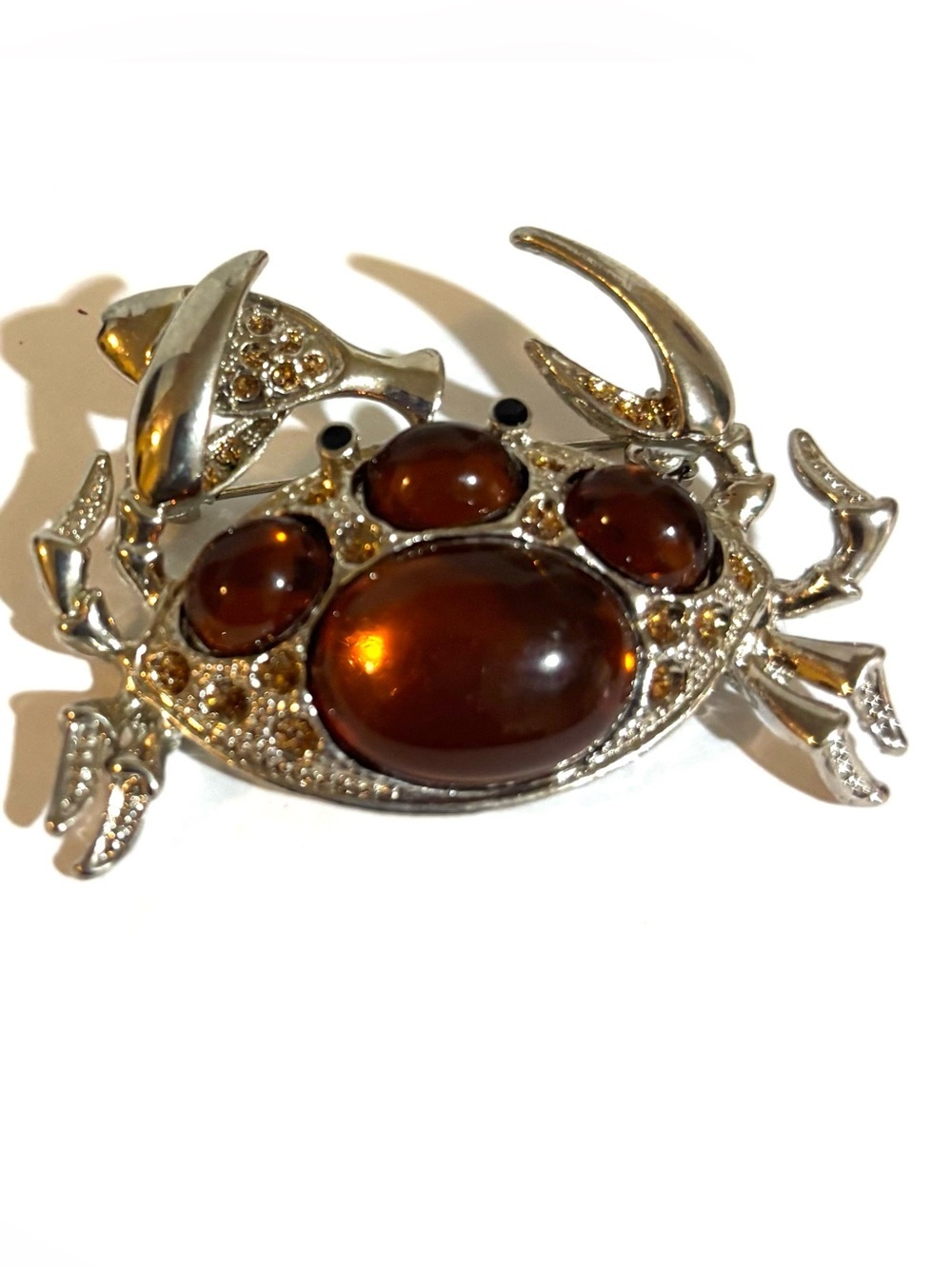 Vintage Amber Cabochon Crab Brooch - Silver Tone